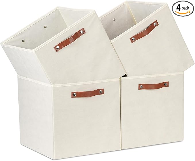 Temary Cube Storage Bins 4Pack Foldable Storage Baskets for Clothes Shelf Basket with Handles, Fabric Storage Boxes Organizer Bins for Home (Beige, 13x15x13 Inch)