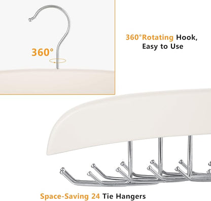 Jetec 2 Pieces Tie Rack Tie Hanger 24 Hooks Wooden Tie Rack Hanger for Closet 360 Degree Rotating Belt Holder Tie Organizer for Men Women Bras Tank Tops Camisoles(White)