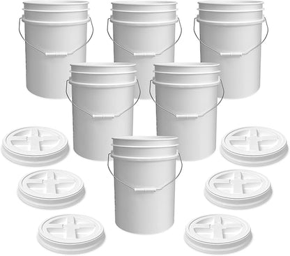 ePackageSupply 5 Gallon Bucket - Food Grade Bucket with Airtight Gamma Seal Screw-On Lid, BPA-Free, Heavy-Duty 90 Mil HDPE Plastic, Bulk Storage, Durable Container, Made in USA, White/White, 6 Packs