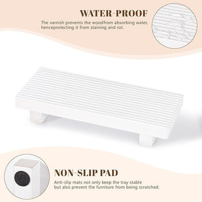Wooden Tray Pedestal Stand Farmhouse Bathroom Decor Decorative Wooden Riser Kitchen Soap Dish Holder for Vanity, Counter, Sink, 8.7 * 3.6 White