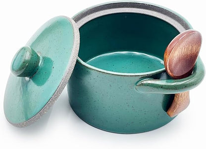Ceramic Salt Cellar With Lid & Spoon,12oz Salt Container For Countertop,Sugar Bowl,Spice Jar(Green B)
