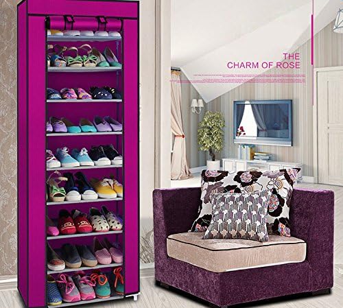 lapday 10 Tier Shoe Rack with Covers, Narrow Tall Shoe Shelf with Side Pocket, Free Standing Shoe Storage Cabinet for Closet Hallway,Bedroom,Entryway (Rose Red)