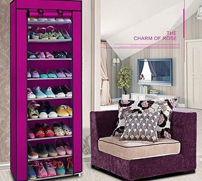 lapday 10 Tier Shoe Rack with Covers, Narrow Tall Shoe Shelf with Side Pocket, Free Standing Shoe Storage Cabinet for Closet Hallway,Bedroom,Entryway (Rose Red)