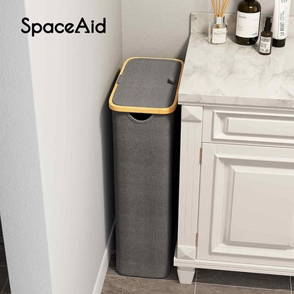SpaceAid Slim Laundry Hamper with Lid, 65L Narrow Clothes Basket Bin with Bamboo Handles, Skinny Tall Collapsible Hamper for Bedroom, Bathroom, Dorm, Laundry Room - Grey