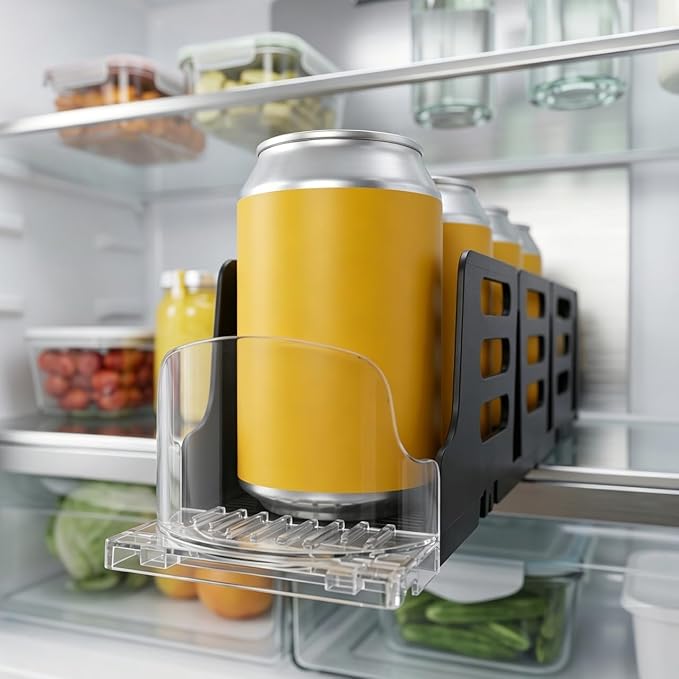 Baluue Drink Organizer for Fridge, Single Row Automatic Soda Can Dispenser, Spring Push Self-Pushing Glide Holder for Beverage Cans in Mini Refrigerator Storage