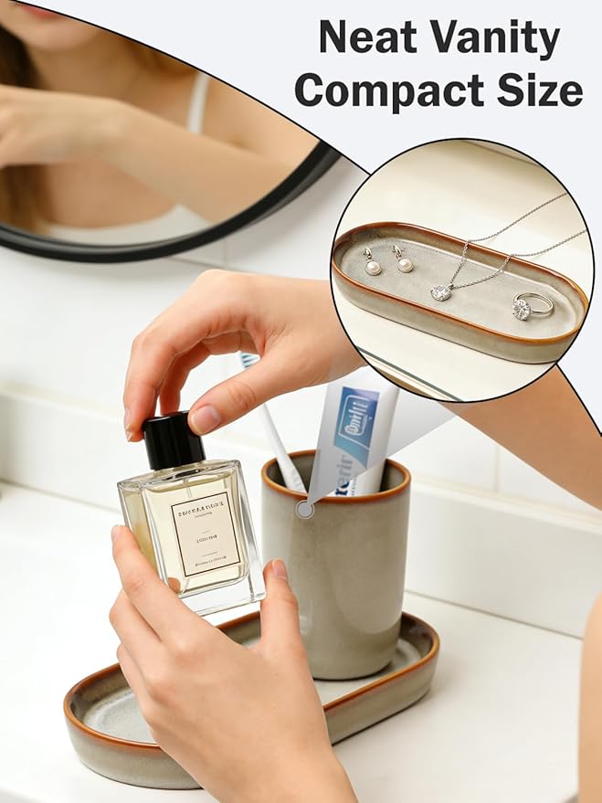 Reactive Glaze Ceramic Bathroom Tray with Brown Rim, Oval Vanity Organizer Dish for Perfume, Jewelry & Soap, Unique Kiln-Fired Decorative Tray for Bathroom Countertop, Dresser, Coffee Bar
