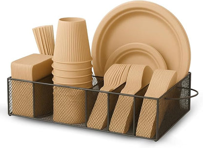 6 Compartment Metal Paper Plate Organizer Caddy for Countertop – Paper Plate & Utensil Holder for Parties, Buffet, Camping, Kitchen Organization & Outdoor Events