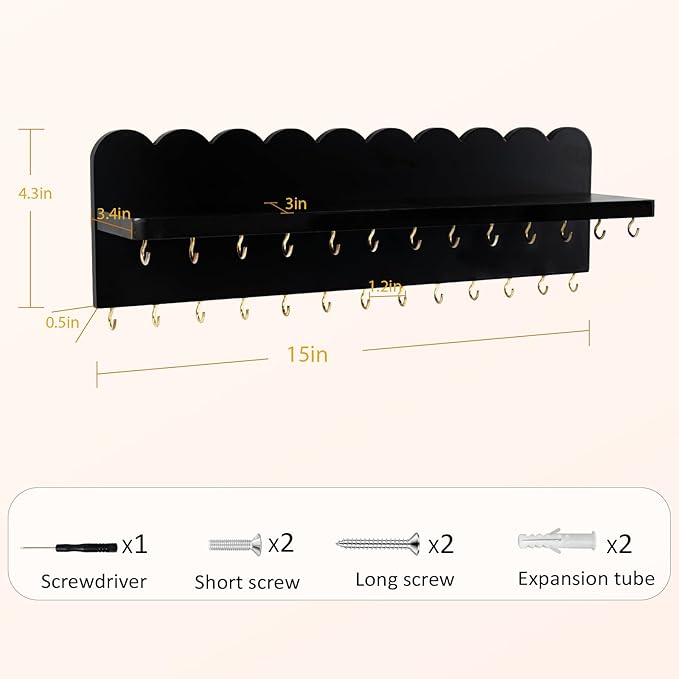 Wall Mount Jewelry Organizer with 26 Hooks and Cosmetics Shelf, Modern Wood Hanging Jewelry Holder for Necklaces, Bracelets, Earrings and Rings, Black