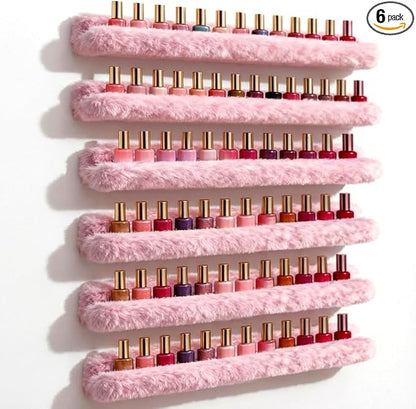 YMVV Nail Polish Wall Shelf - 15-Inch Furry Plush Display & Organizer Rack, Holds 60+ Polishes, Soft Ledge for Bedroom, Bathroom, Salon - Protects Bottles from Scratches，6 Pack Pink