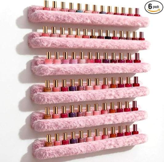 YMVV Nail Polish Wall Shelf - 15-Inch Furry Plush Display & Organizer Rack, Holds 60+ Polishes, Soft Ledge for Bedroom, Bathroom, Salon - Protects Bottles from Scratches，6 Pack Pink
