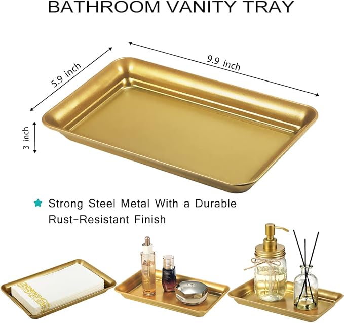 SheeChung Vintage Farmhouse Decor Metal Vanity Tray(4 Pack),Countertop Guest Hand Towel Storage Organizer Tray Dispenser, Sturdy Holder for Perfume,Cosmetics, Jewelry, Makeup Bathroom Organizer (Glod)