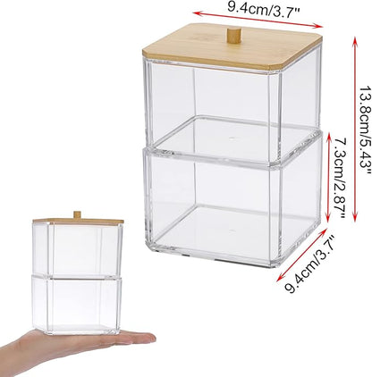 Hipiwe Clear Q-tip Dispenser Holder Acrylic Bathroom Containers 2-Tier Square Apothecary Jar with Lid Canister Cotton Swab and Ball Holder Vanity Storage Organizer for Cotton Round and Pads, Floss