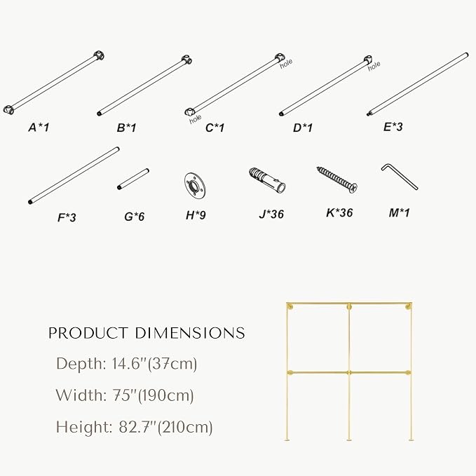 Gold Industrial Pipe Clothing Rack 75" W Wall Mounted, Heavy Duty Iron Garment Rack 150 lbs per Rod, Open Closet Organizer for Bedroom Laundry Room Retail Display