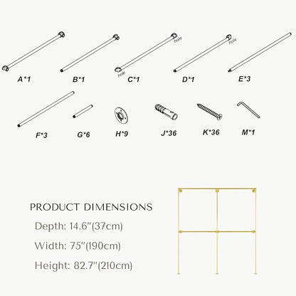 Gold Industrial Pipe Clothing Rack 75" W Wall Mounted, Heavy Duty Iron Garment Rack 150 lbs per Rod, Open Closet Organizer for Bedroom Laundry Room Retail Display