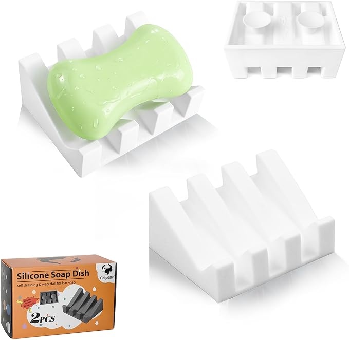 Soap Dish Holder for Shower with Suction Cup, Silicone Soap Holder & Saver Self-Draining Bar Soap Dish Keeps Soap Dry for Bathroom, Kitchen, Bathtub, Extends Soap Life (White-2Pack)