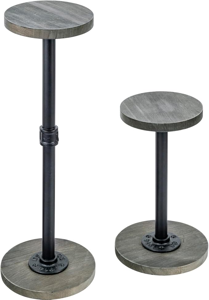 MyGift 2 Pcs Hat Display Rack Stand with Adjustable Height, Tabletop Baseball Cap Helmet Holder Organizer Storage Pedestal, Industrial Metal Pipe and Vintage Weathered Gray Wood Top and Base