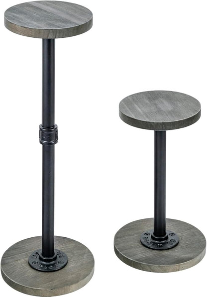 MyGift 2 Pcs Hat Display Rack Stand with Adjustable Height, Tabletop Baseball Cap Helmet Holder Organizer Storage Pedestal, Industrial Metal Pipe and Vintage Weathered Gray Wood Top and Base