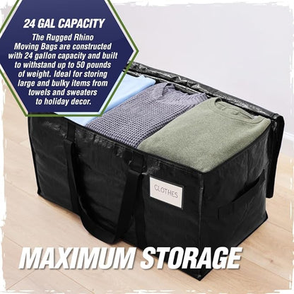 RUGGED RHINO Heavy Duty Extra Large Moving Bags, Durable Bag with Strong Handles and Zipper, Moving Boxes Alternative for College Packing, Holiday Décor, Space Saving Storage with Label, 2 Pack Black