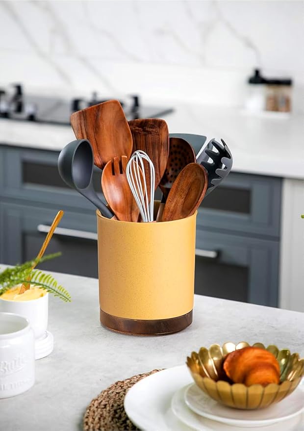 Nucookery 360°Rotating Utensil Holder, 7.2" Large Utensil Crock, White Ceramic Cooking Utensil Organizer,Farmhouse Kitchen Decor Christmas Thanksgiving Gift (Yellow Sand)