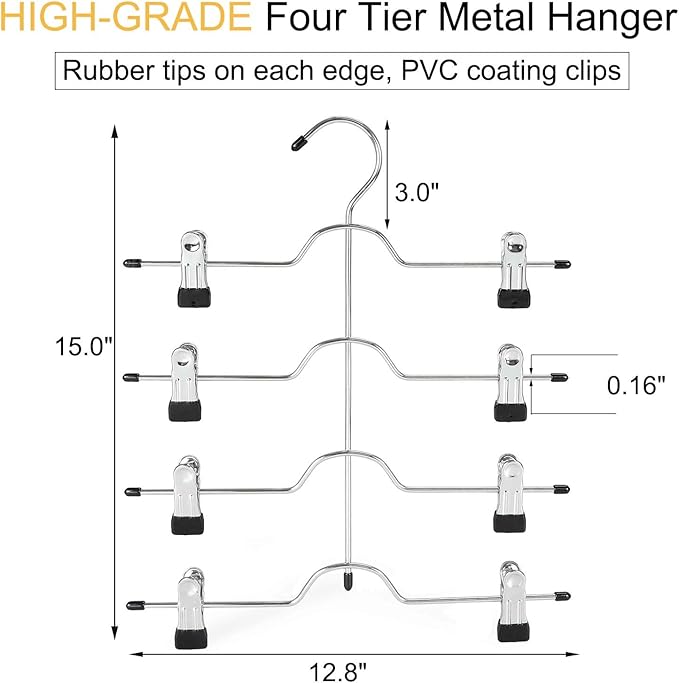 TOPIA HANGER 4 Tier Metal Skirt Hangers for Women, Pants Hanger Space Saving with Adjustable Clips, Gain 70% More Space, Non Slip Grip for Slacks, Trousers, Shorts, Jeans, Towels, Black, 4-Pack, CT61B