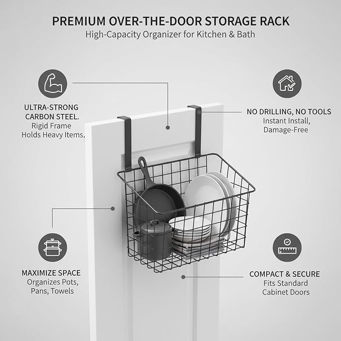 Over-the-Door Storage Rack, Carbon Steel Cabinet Organizer for Kitchen & Bathroom, Hanging Shelf for Pots Pans Towels, No Drilling Required (1 PC)