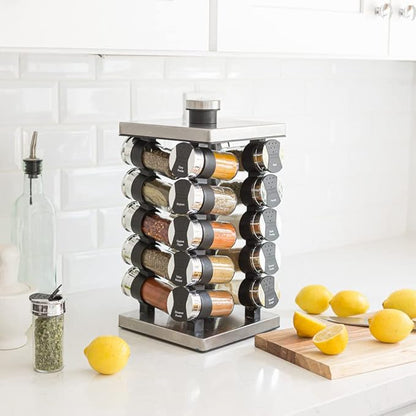 Orii 20 Jar Spice Rack with Spices Included & 5-Year Free Spice Refill Program - Tower Organizer for Kitchen Spices and Seasonings, (Silver Black)