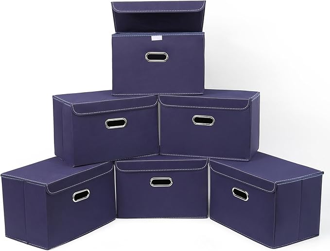 STOREONE Fabric Storage Cube Bins Foldable Organizer Container Collapsible Basket with Lids and Metal Handles, for Home, Bedroom, Closet 6 Pcs (Navy Blue)