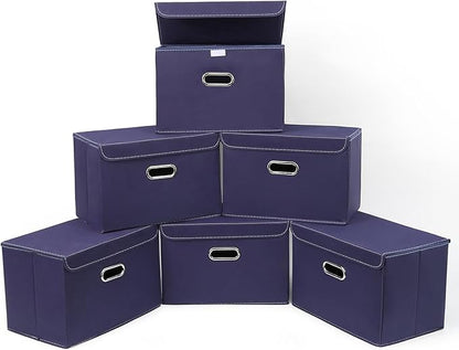 STOREONE Fabric Storage Cube Bins Foldable Organizer Container Collapsible Basket with Lids and Metal Handles, for Home, Bedroom, Closet 6 Pcs (Navy Blue)