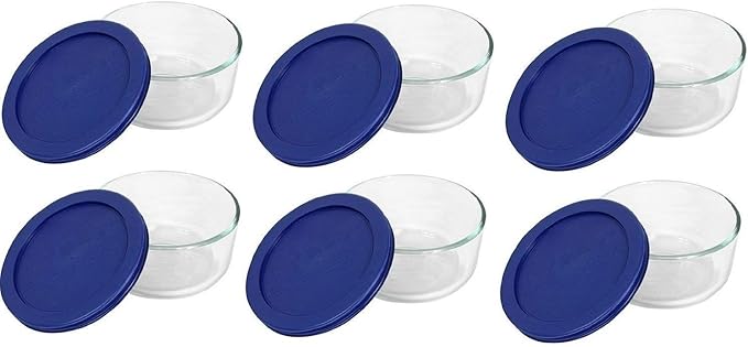 Pyrex 7200 2-Cup Glass Bowl & 7200-PC Dark Blue Lid (6-Pack) - Made in USA