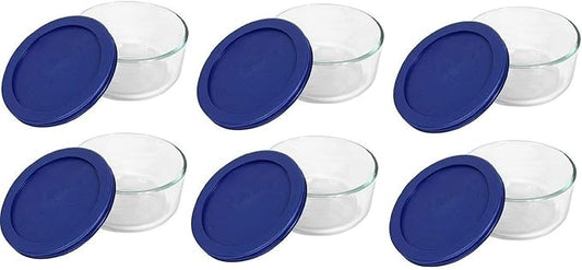Pyrex 7200 2-Cup Glass Bowl & 7200-PC Dark Blue Lid (6-Pack) - Made in USA