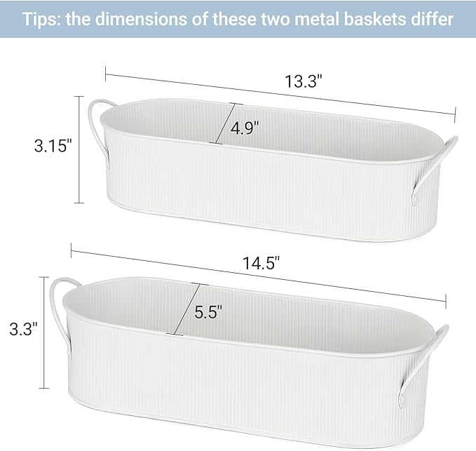 Mkono Metal Storage Basket for Toilet Tank Top Bathroom Decor, Galvanized Tray with Handle for Shelves, Farmhouse Toilet Paper Holder Organizing Bin Box for Countertop Living Room, Set of 2, White