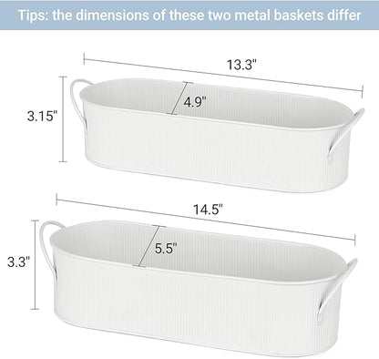 Mkono Metal Storage Basket for Toilet Tank Top Bathroom Decor, Galvanized Tray with Handle for Shelves, Farmhouse Toilet Paper Holder Organizing Bin Box for Countertop Living Room, Set of 2, White
