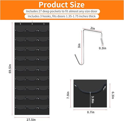 Hat Rack for Baseball Caps, 27 Pockets Over The Door Baseball Hat Organizer, Fitted Hat Storage for Closet Wall Mount Bag With Large Pockets & 3 Hooks, Hat Holder Hanger Organization to Display Caps
