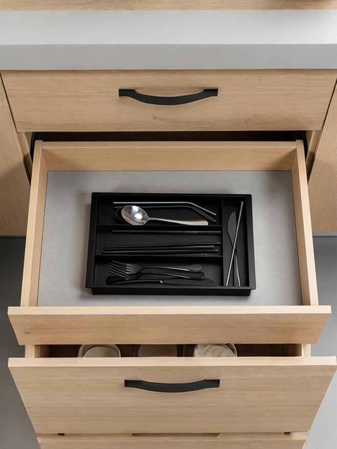Silverware Drawer Organizer Tray, Adjustable Small Utensil Holder for Spoon and Fork, Expandable Flatware Cutlery Tray for Kitchen Drawers (Black)