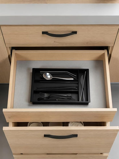 Silverware Drawer Organizer Tray, Adjustable Small Utensil Holder for Spoon and Fork, Expandable Flatware Cutlery Tray for Kitchen Drawers (Black)