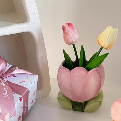 1 PC Ceramic Tulip Make up Brush Holder Flower Toothbrush Holder Cosmetic Storage Box Pen and Pencil Holder Desktop Organizers (Purple)