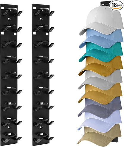 2 Pack Hat Organizer for Baseball Caps Preserve Shape, No Squish! Wall Mounted Hat Rack with Strong Adhesive Holds 18 Hats, over the Door Organizer for Closet Bedroom (Black)