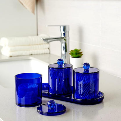 Qtip Holder Bathroom Set with Tray(4PCS) - 3 Pack Acrylic Plastic Apothecary Jars Qtip Dispenser Canister with Lid and Labels, 1 Pack Bathroom Vanity Tray, for Cotton Ball, Cotton Swab (Blue)