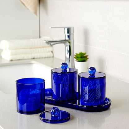 SheeChung 6-Pack Blue Acrylic Apothecary Jars - (3) 12oz & (3) 10oz Qtip Holder Set with Labels - Shatterproof Bathroom Vanity Organizer for Cotton Swabs, Balls, Pads - Coastal Decor