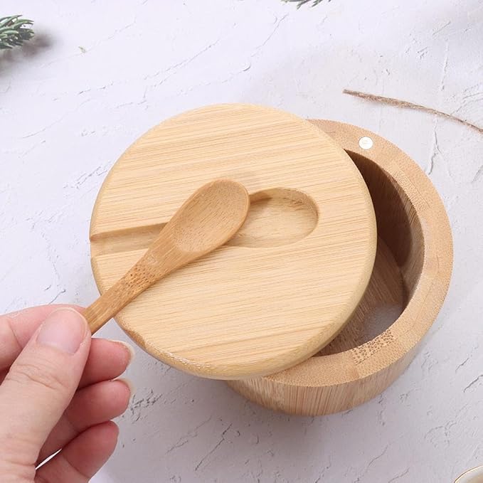Bamboo Big Dipper Large Salt Cellar with Spoon and Magnetic Swivel Lid, 10 Ounce Storage Box
