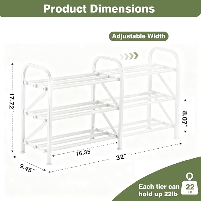 3-Tier Shoe Rack for Closet, 16"-32" Expandable ShoeRackAdjustable for Entryway Closet Doorway SturdyMetal, White