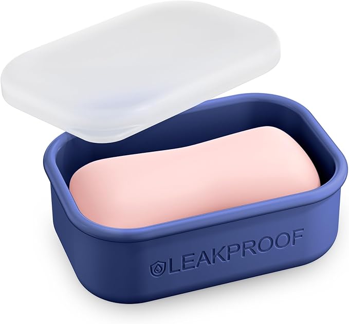 Quatish Compact Leakproof Travel Soap Case, Silicone Soap Box with Draining Layer, Enhanced Soap Container, Suitable for Camping, Gym, Bathroom, Outdoor Essentials, Blue