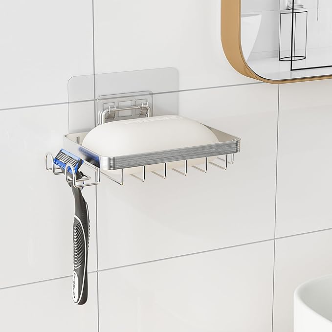 Bar Soap Holder for Shower, Adhesive Self Draining Shower Soap Bar Holder Dish Wall Mounted, Bathroom Soap Container Caddy Tray Saver Case Box for Loofah Razor Shampoo, Silver