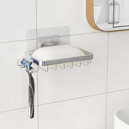 Bar Soap Holder for Shower, Adhesive Self Draining Shower Soap Bar Holder Dish Wall Mounted, Bathroom Soap Container Caddy Tray Saver Case Box for Loofah Razor Shampoo, Silver