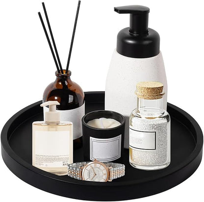 Silicone Bathroom Round Tray Vanity Tray Kitchen Counter Organizer Coffee Table Decor for Candle, Perfume, Jewelry, Trinkets,Hand Soap,Lotion Bottles (9 Inch,Black)