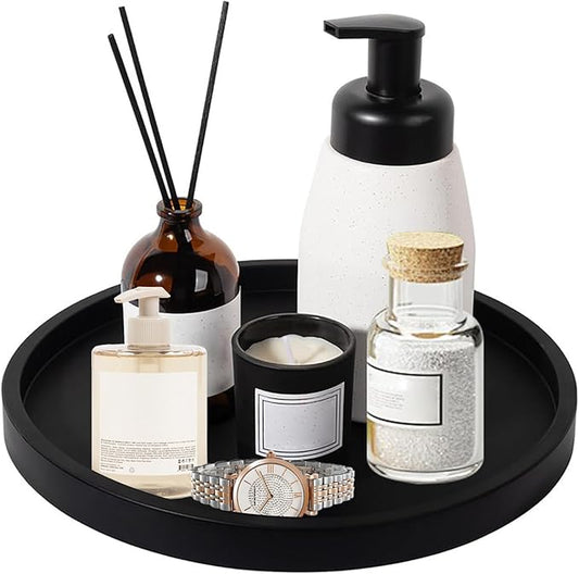 Silicone Bathroom Round Tray Vanity Tray Kitchen Counter Organizer Coffee Table Decor for Candle, Perfume, Jewelry, Trinkets,Hand Soap,Lotion Bottles (9 Inch,Black)