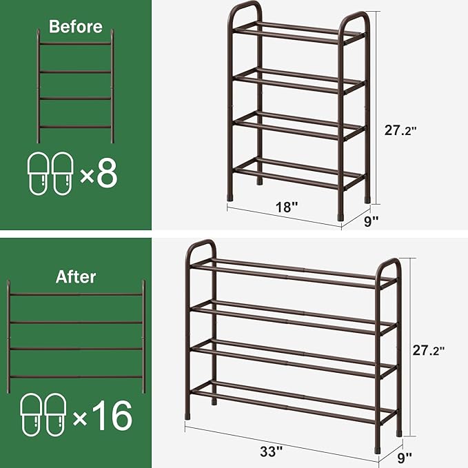 kiplant Metal Shoe Rack, Expandable Metal Shoe Rack for Closet, Entryway & Hallway (Brown, 4-Tier_Long)