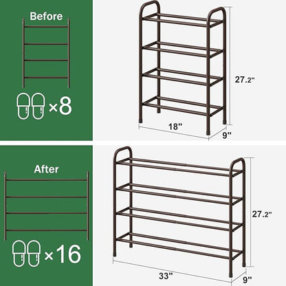 kiplant Metal Shoe Rack, Expandable Metal Shoe Rack for Closet, Entryway & Hallway (Brown, 4-Tier_Long)