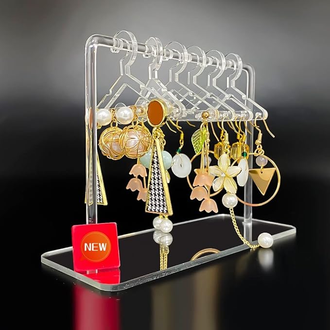Earring Hanger Rack with 8 Mini Coat Hangers, Acrylic Earring Holder Display Stand, Ear Studs Hanging Earrings Organizer For Women Girls, Transparent