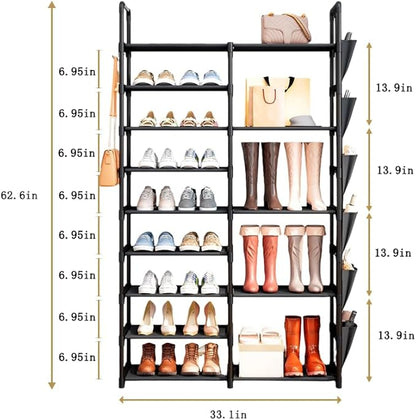 SUOERNUO Shoe Rack Organizer with Hook and Side Pocket, Metal Shoe Rack Storage Holds 25-35 Pairs, Large Black Stackable Freestanding Shoe Racks, 9-Tier Tall Shoe Rack for Closet, Entryway